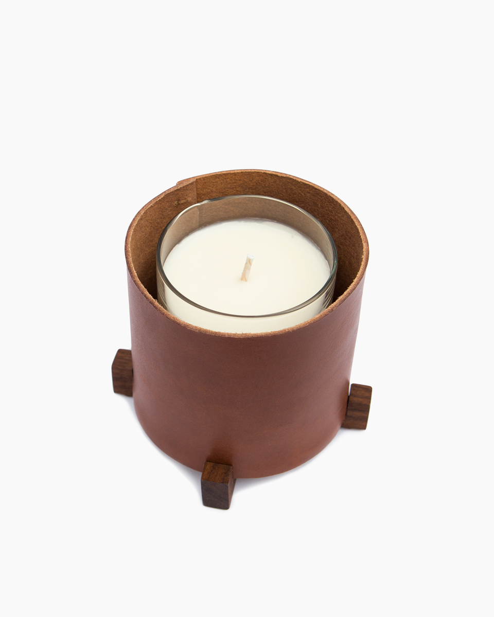 Chestnut Leather Candle Holder with KEAP Candle Sylvan Park
