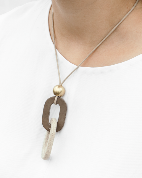 Leather + Ceramic + Brass Link Necklace
